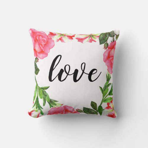 Watercolor Pink Flowers Circle Wreath Throw Pillow