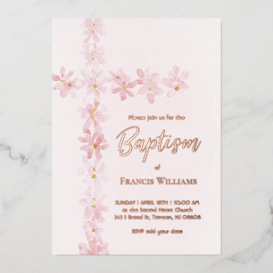 watercolor pink flowers cross Baptism Foil Invitation