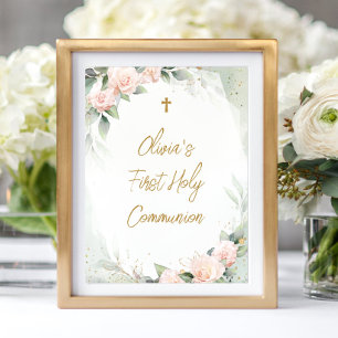 Watercolor Pink Flowers Cross First Holy Communion Poster