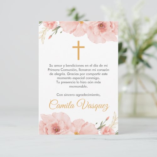 Watercolor Pink Flowers Cute First Communion  Thank You Card