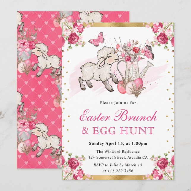 Watercolor Pink Flowers Cute Lamb Easter Brunch Invitation (Front/Back)