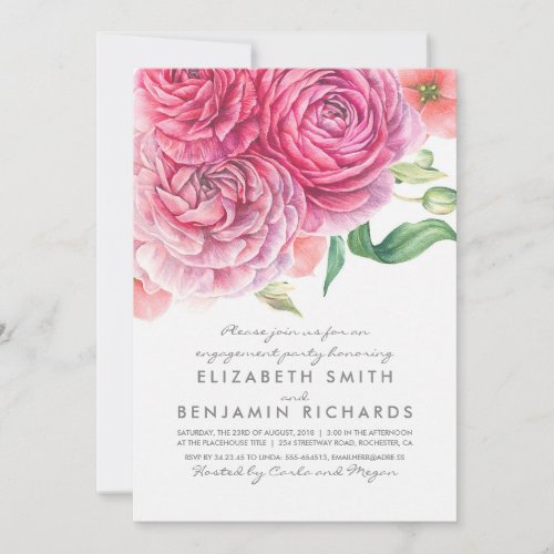 Watercolor Pink Flowers Elegant  Engagement Party Invitation