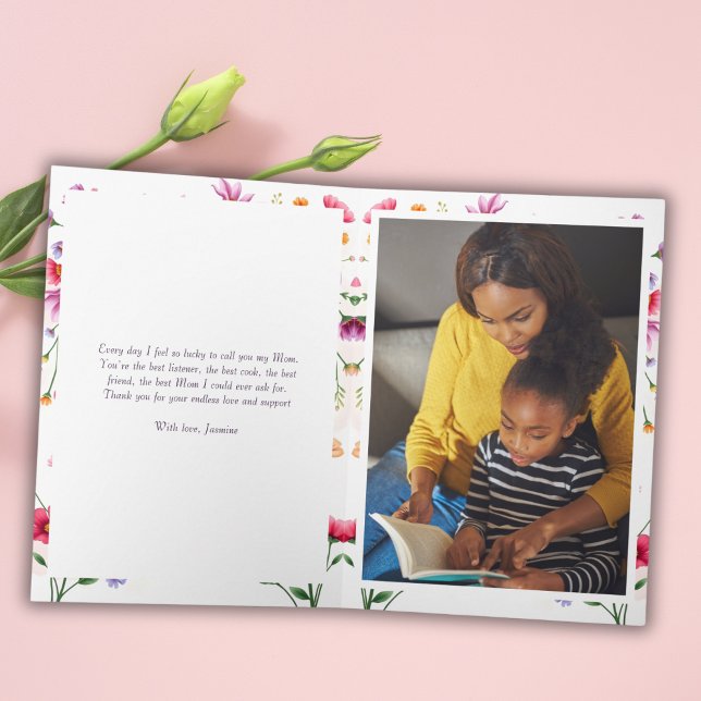 Watercolor Pink Flowers Elegant Photo Mother's Day Card (Watercolor Pink Flowers Elegant Photo Mother's Day Card)