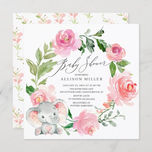 Watercolor Pink Flowers Elephant Baby Shower Invitation