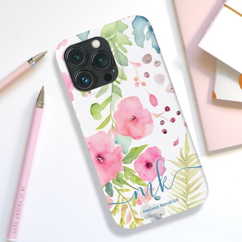 Watercolor Pink Flowers Ferns Meadow Monogram Name iPhone 13 Pro Case