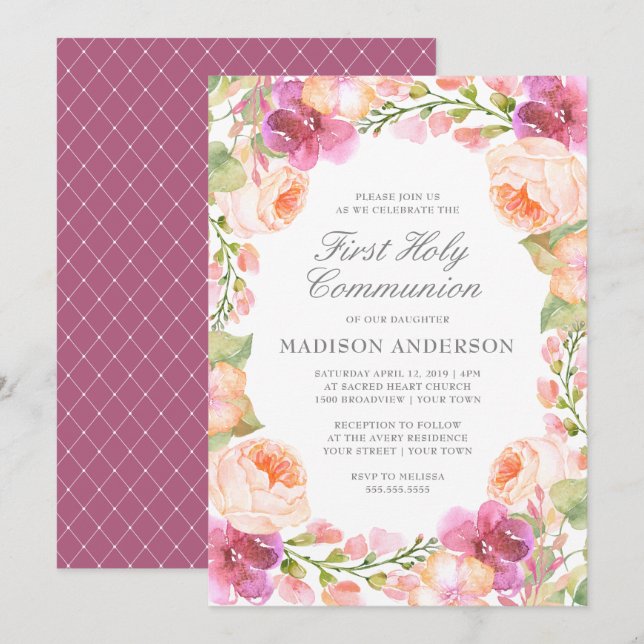 Watercolor Pink Flowers First Holy Communion Invitation (Front/Back)