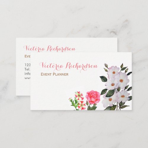 Watercolor Pink Flowers Floral Art Business Card