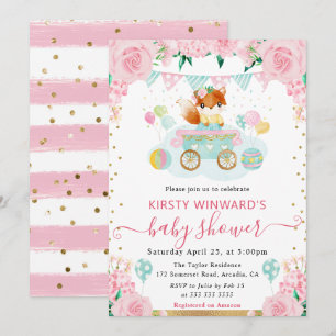Watercolor Pink Flowers Fox Baby Shower Invitation