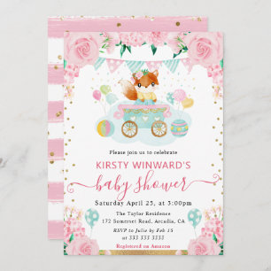 Watercolor Pink Flowers Fox Baby Shower Invitation