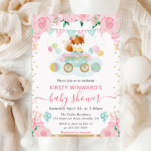 Watercolor Pink Flowers Fox Baby Shower Invitation
