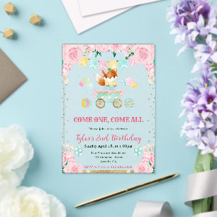 Watercolor Pink Flowers Fox Kids Birthday Acrylic Invitations