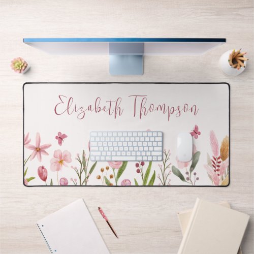 Watercolor Pink Flowers Girly Script Name Desk Mat