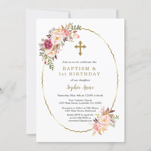 Watercolor Pink Flowers Gold Cross Girl Baptism Invitation