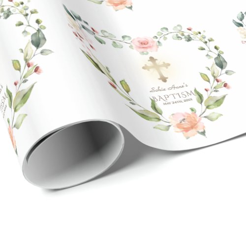 Watercolor Pink Flowers Gold Cross Girl Baptism Wrapping Paper