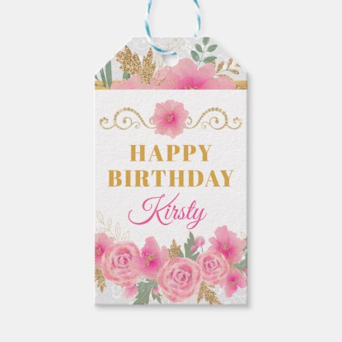 Watercolor Pink Flowers  Gold Foil Birthday Gift Tags