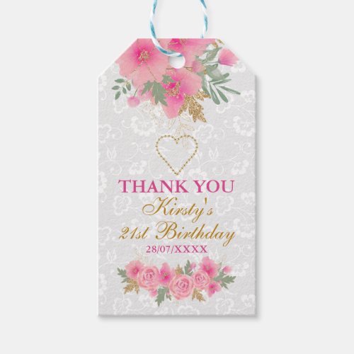 Watercolor Pink Flowers Gold Foil Birthday Gift Tags