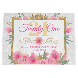 Watercolor Pink Flowers &amp; Gold Foil Birthday Large Gift Bag