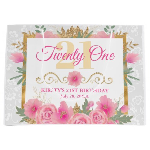 Watercolor Pink Flowers  Gold Foil Birthday Large Gift Bag