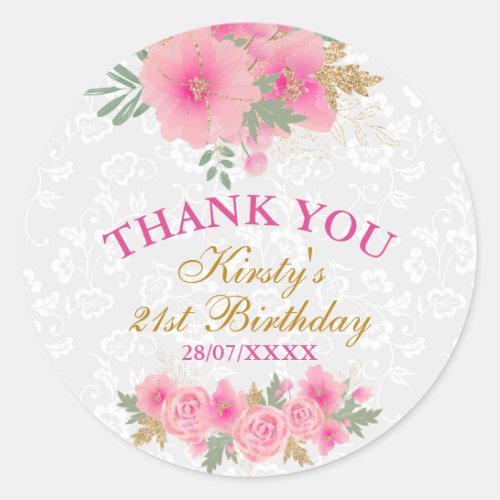 Watercolor Pink Flowers Gold Foil Birthday Party Classic Round Sticker