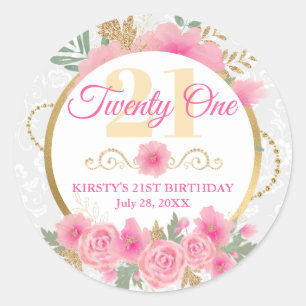 Watercolor Pink Flowers & Gold Foil Birthday Party Classic Round Sticker