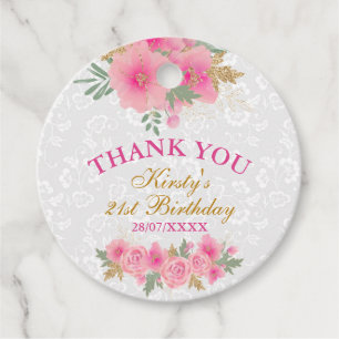 Watercolor Pink Flowers Gold Foil Birthday Party Favor Tags