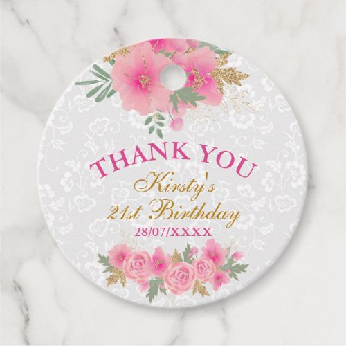 Watercolor Pink Flowers Gold Foil Birthday Party Favor Tags