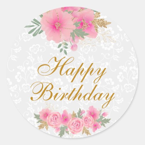 Watercolor Pink Flowers Gold Foil Happy Birthday Classic Round Sticker