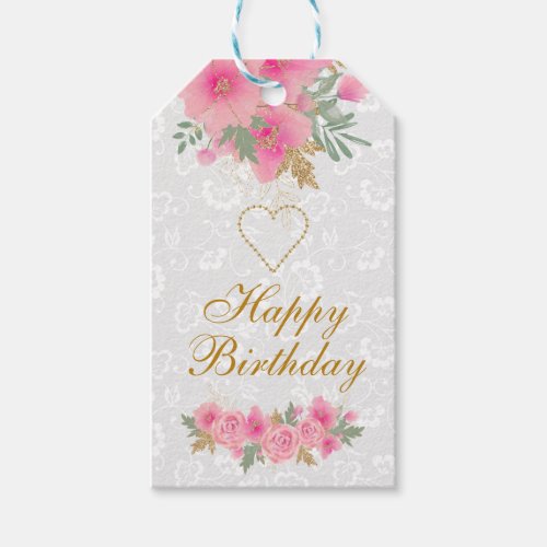 Watercolor Pink Flowers Gold Foil Happy Birthday Gift Tags