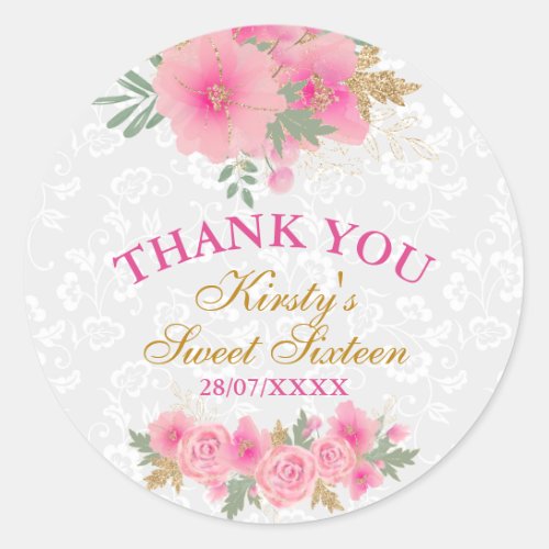 Watercolor Pink Flowers Gold Foil Sweet 16 Classic Round Sticker