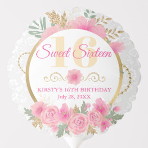 Watercolor Pink Flowers & Gold Foil Sweet Sixteen Balloon
