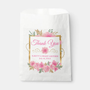 Watercolor Pink Flowers & Gold Foil Sweet Sixteen Favor Bag