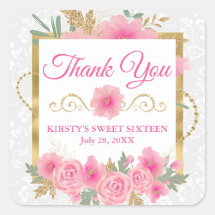Watercolor Pink Flowers & Gold Foil Sweet Sixteen  Square Sticker