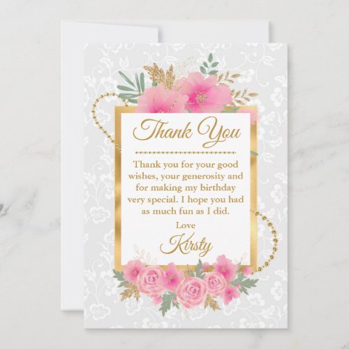 Watercolor Pink Flowers Gold Foil Sweet Sixteen Thank You Card