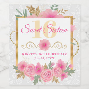 Watercolor Pink Flowers & Gold Foil Sweet Sixteen Wine Label
