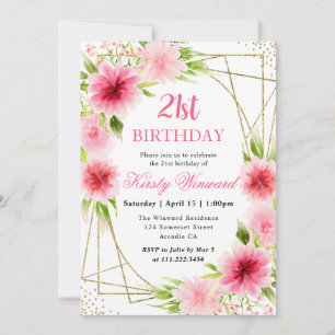 Watercolor Pink Flowers Gold Frame 21st Birthday Invitation