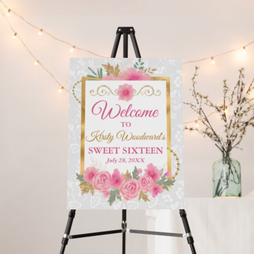 Watercolor Pink Flowers  Gold Sweet 16 Welcome Foam Board