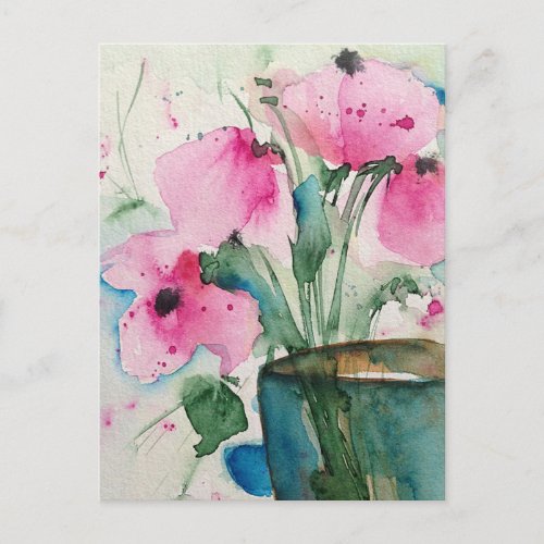 Watercolor Pink Flowers In The Vase Postcard