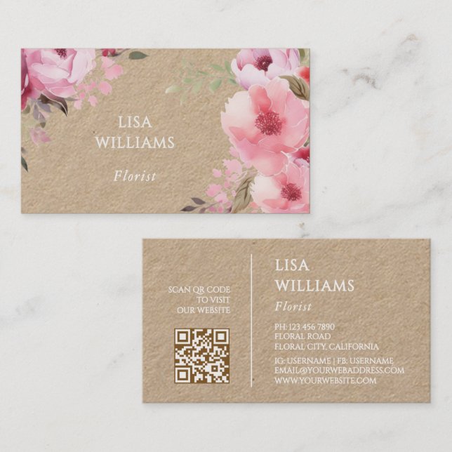 Watercolor Pink Flowers Kraft Business Card (Front/Back)