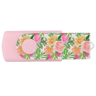 Watercolor pink flowers & leaves flash drive