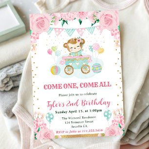 Watercolor Pink Flowers Monkey Kids Birthday Invitation