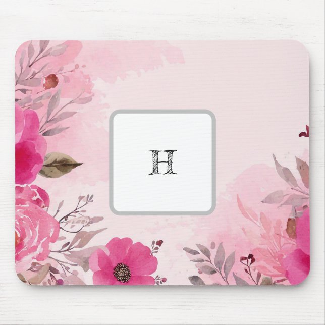 Watercolor Pink Flowers on a Monogram Mousepad (Front)