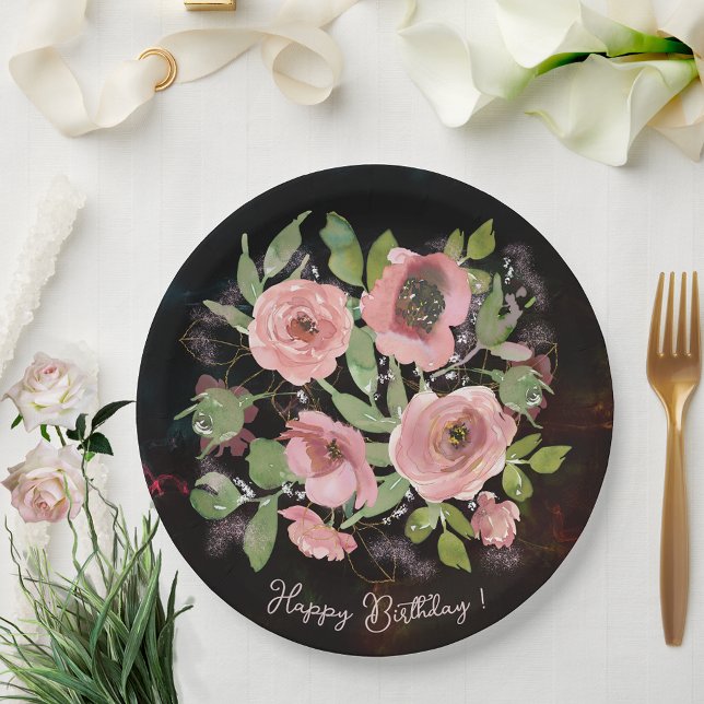 Watercolor Pink flowers on Black Paper Plates (Watercolor Pink flowers on Black Paper Plates)