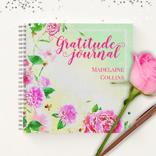 Watercolor Pink Flowers On Green Gratitude Journal