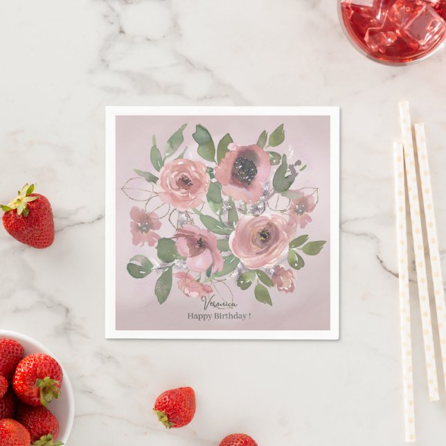 Watercolor Pink flowers on Pink  Napkins (Insitu)