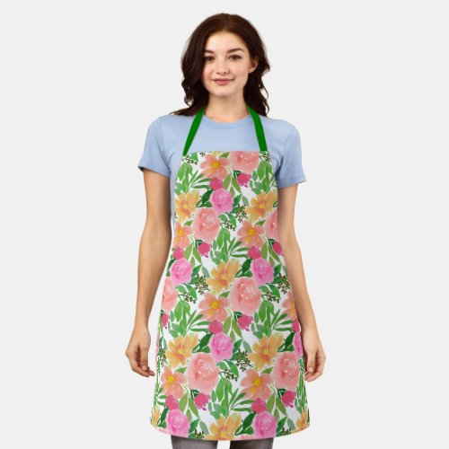 Watercolor pink flowers on white apron