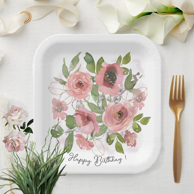 Watercolor Pink flowers on White Paper Plates (Watercolor Pink flowers on White Paper Plates)
