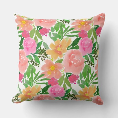 Watercolor Pink Flowers on White Throw Pillow