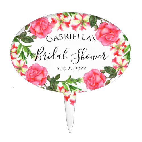 Watercolor Pink Flowers Oval Wreath Design Cake Topper