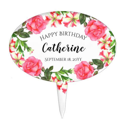 Watercolor Pink Flowers Oval Wreath Design Cake Topper