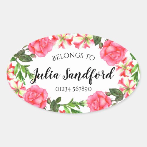 Watercolor Pink Flowers Oval Wreath Design Oval Sticker